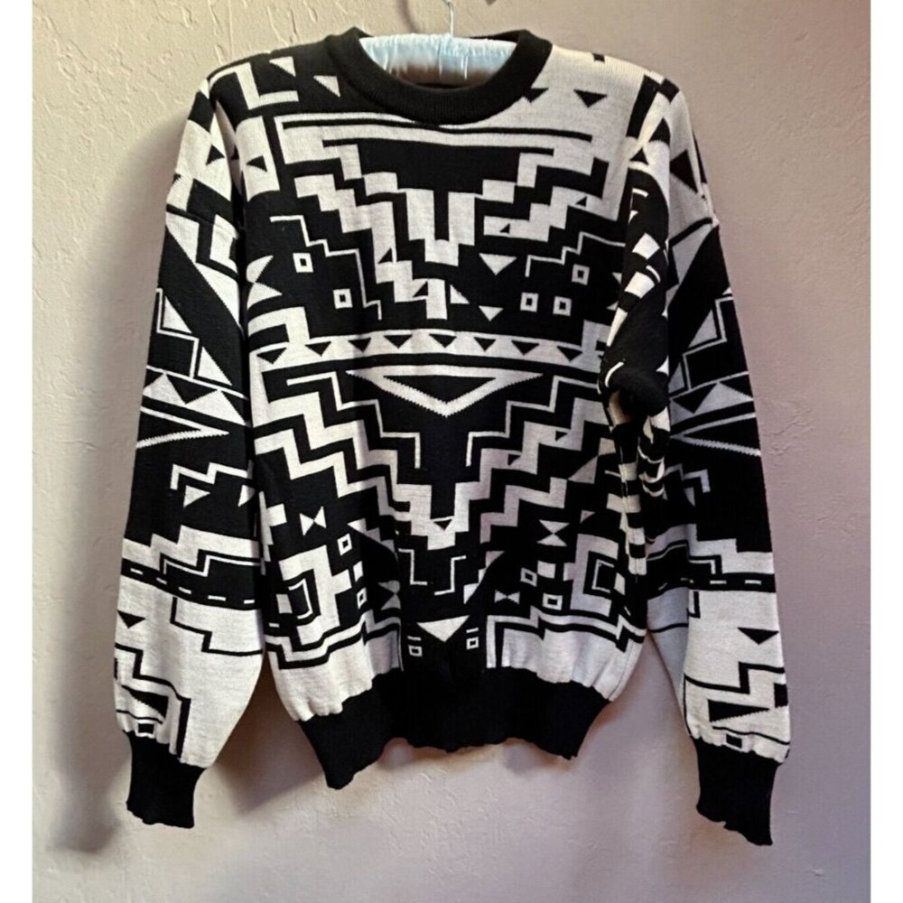 Sun Valley Womens Size XS Sweater Pure Wool Southwestern Crew Neck Black Ivory